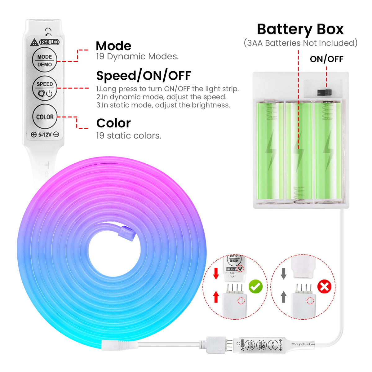 3AA Battery Powered 5V RGB Color-changing LED Neon Strip Light