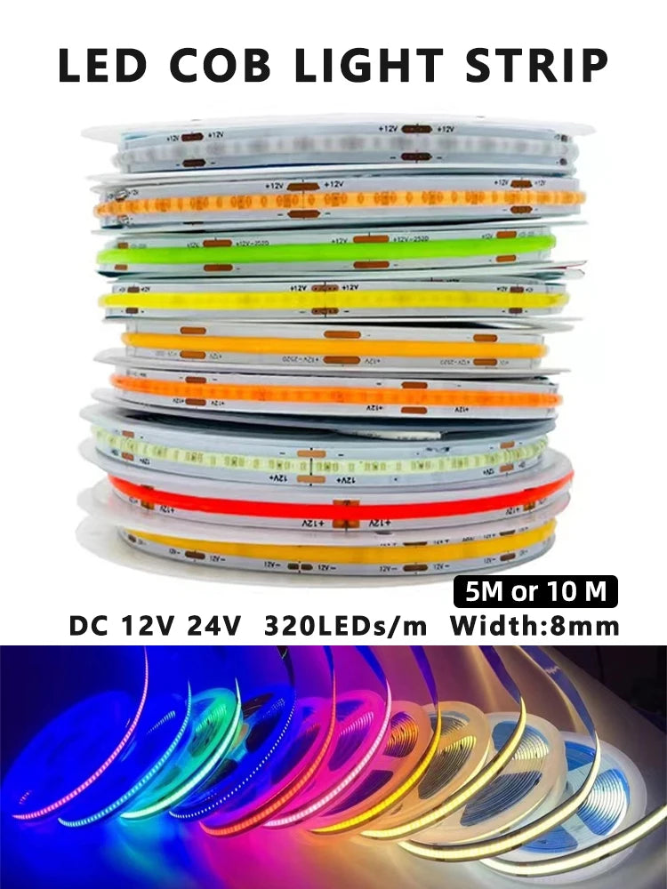 5/10m Super Bright FOB Single Color COB LED Strip Light Room Decor