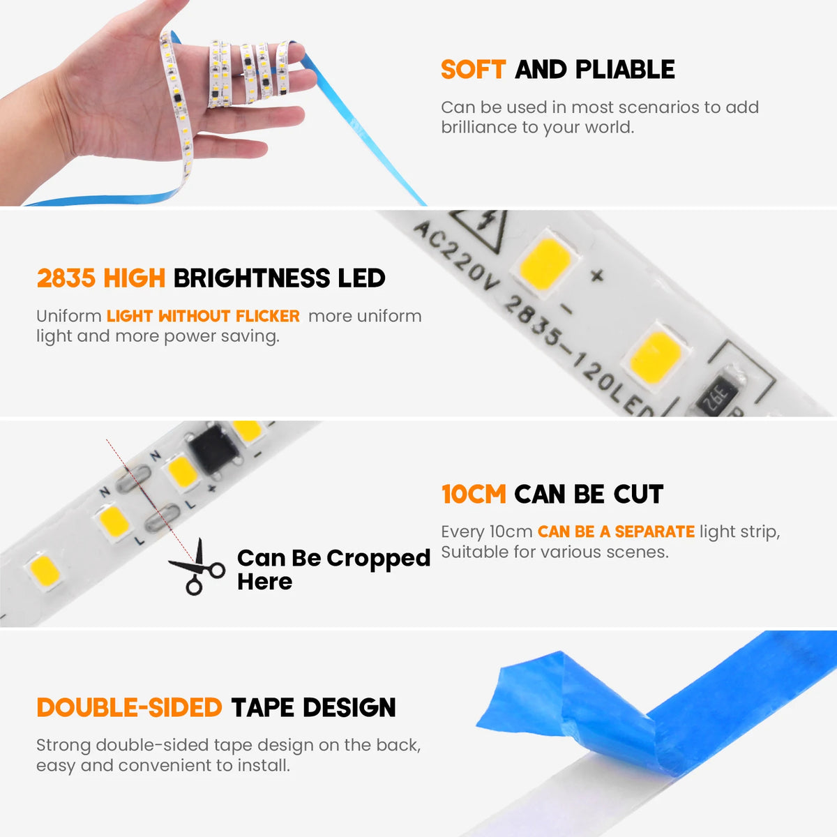 10m 20m 50m 220V 2835 LED Strip Light Flexible Led Tape Lights