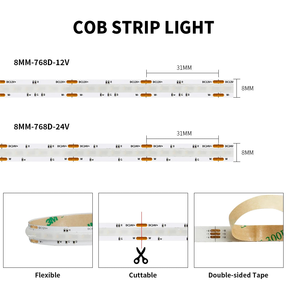 DC12V/24V RGBW COB LED Strip Light 8mm Ultra-Narrow