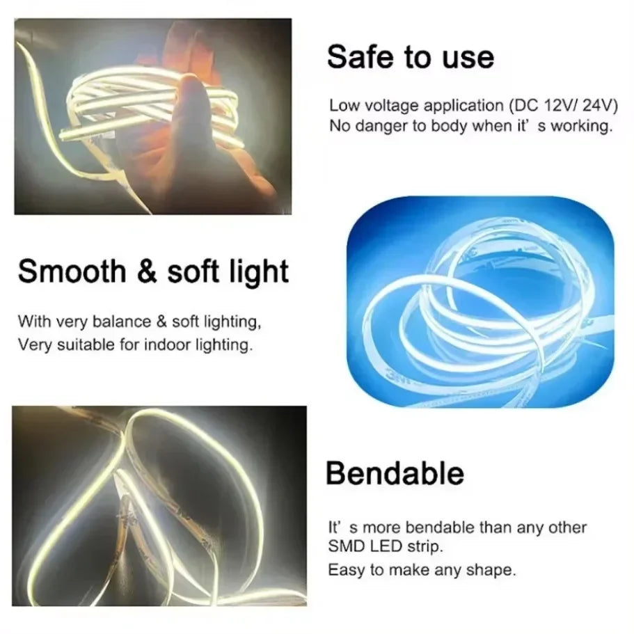12V 24V COB LED Strip Ultra Thin 8MM Tape Light With DC Plug
