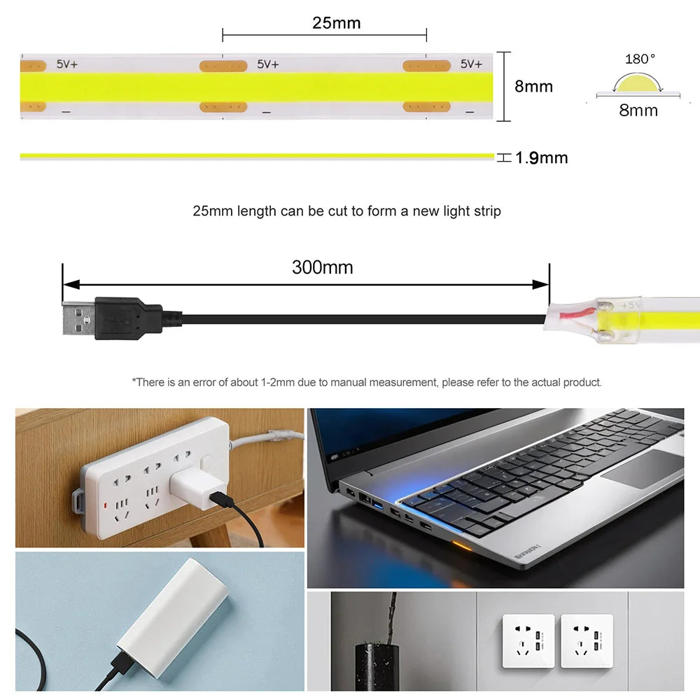 5V USB COB LED Strip Light 320LEDs Ribbon Tape Linear Lighting