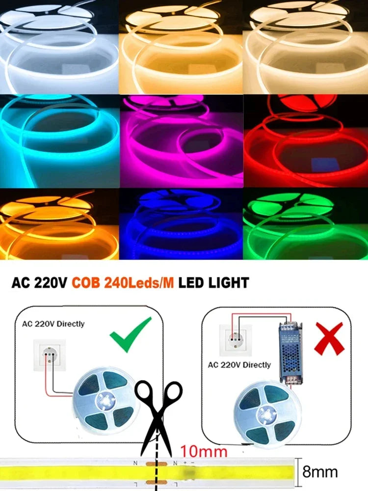 220V COB LED Strip 0.5M-10M Flexible Tape Light Smart