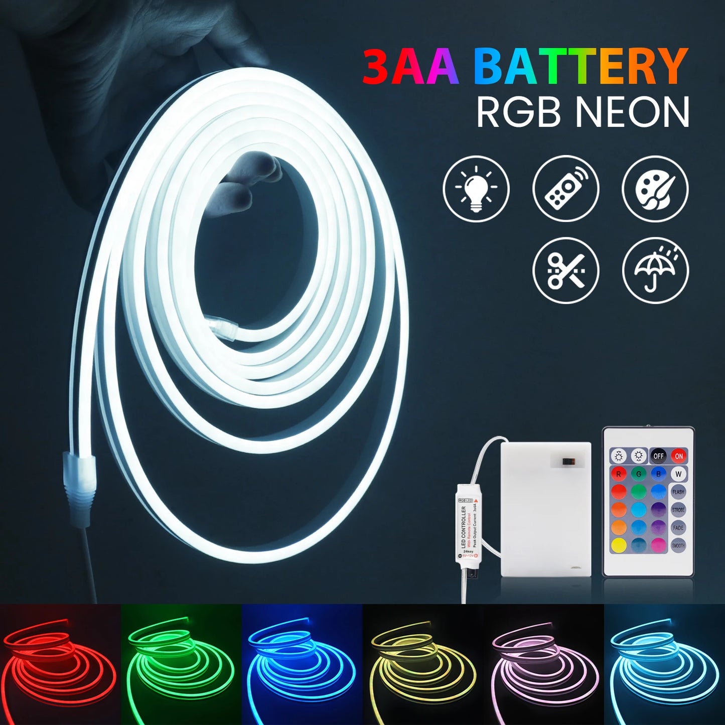 5V RGB Neon Strip Light 1M 2M 3M 3AA Battery Box