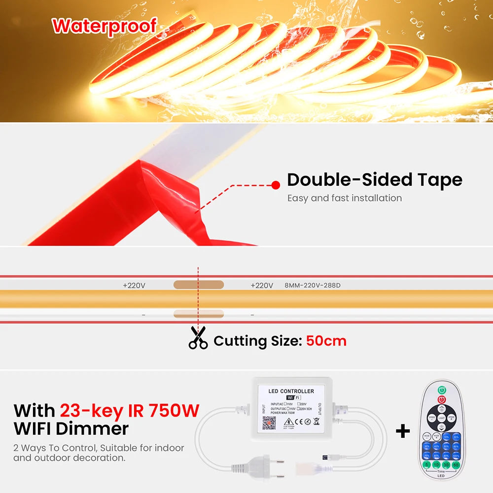 220V Dimmable COB LED Strip Light WIFI Bluetooth Wall Touch