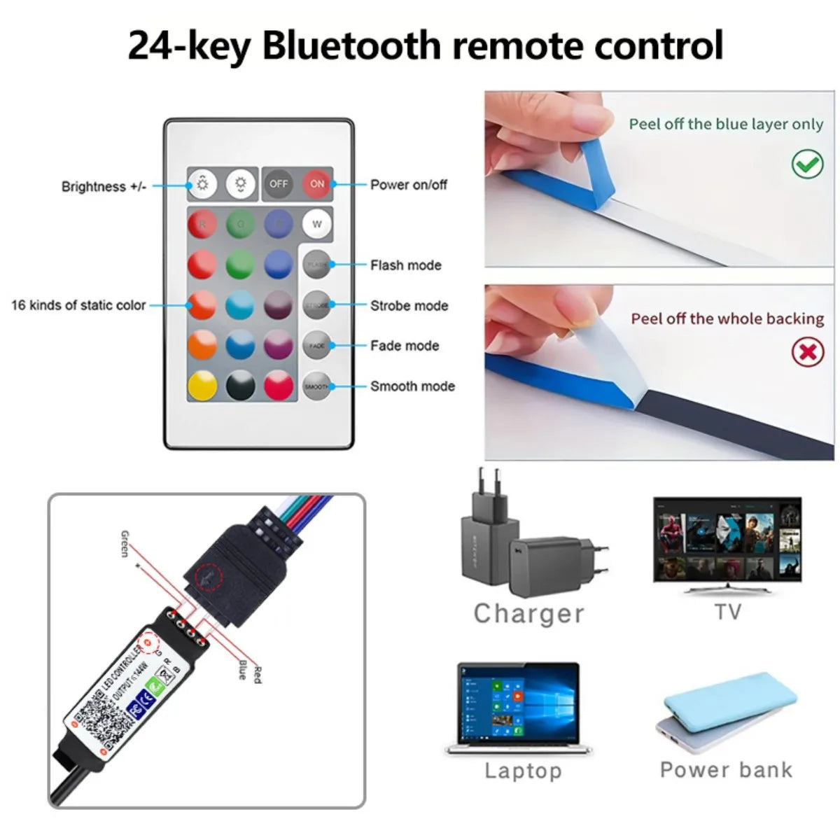 5V LED strip lamp RGB with USB 24 key Bluetooth remote control