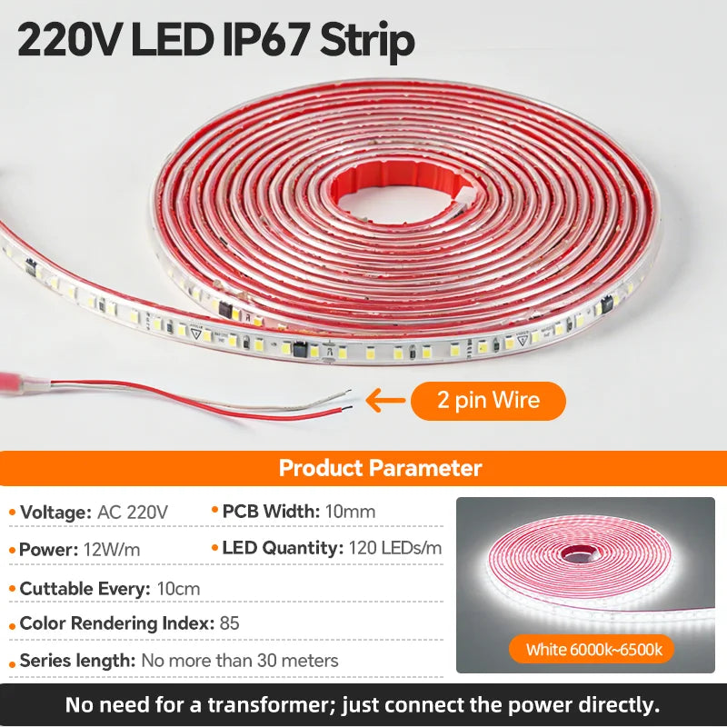 AC 220V LED Strip Light Waterproof Flexible Ribbon Tape