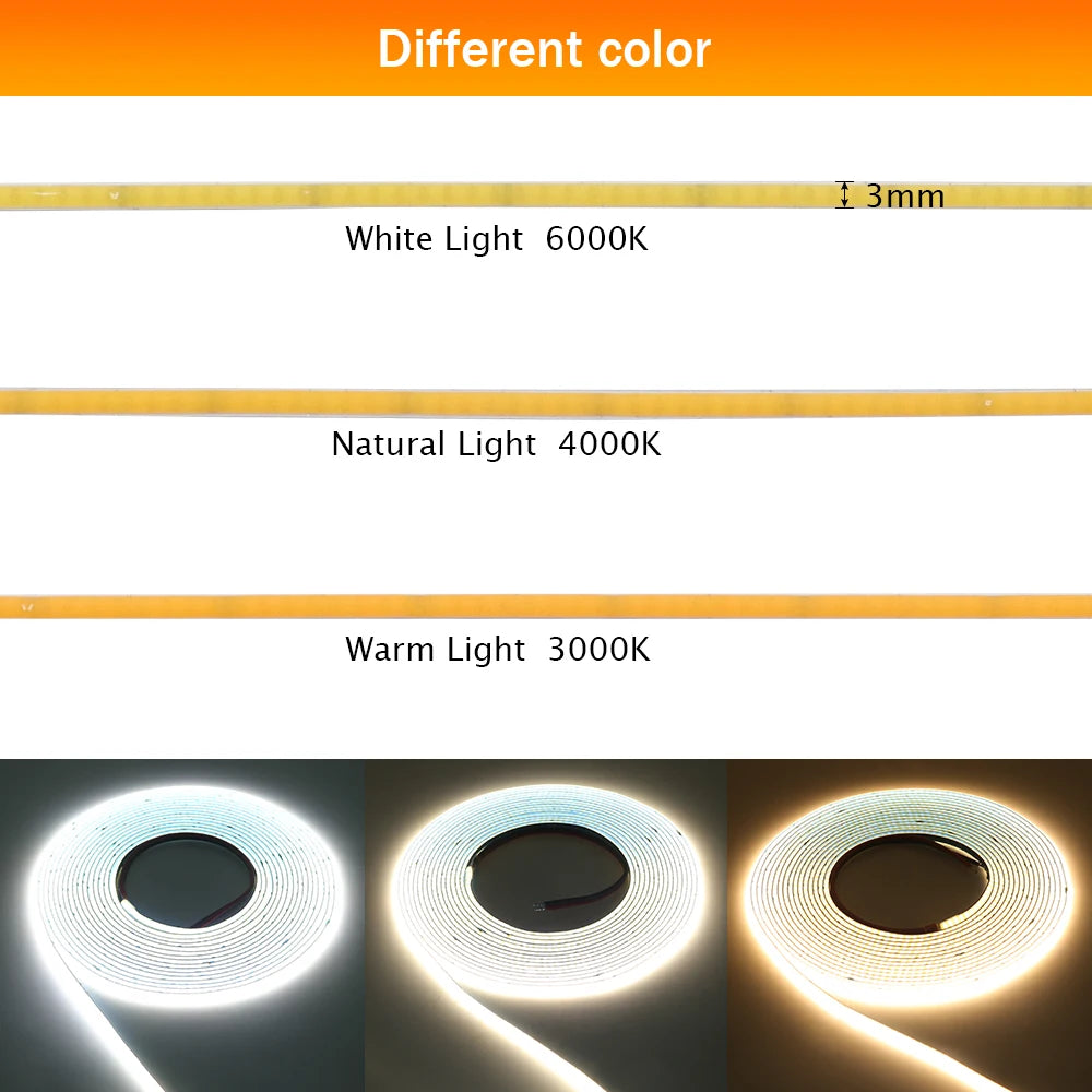 3mm 5mm 8mm PCB COB LED Strip 5V 12V 24V 320LEDs