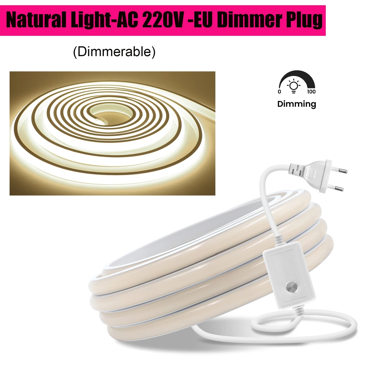 AC 220V Waterproof COB LED Strip Light With EU Switch Plug
