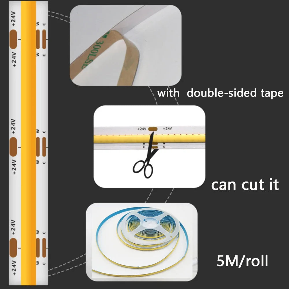 DC24V 2700K-6500K CCT COB FOB LED Strip Light 608LEDs
