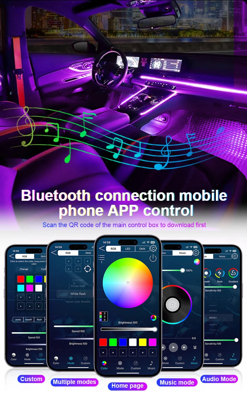 Led Car Ambient Lights App Control Optic Strip Acrylic Fiber