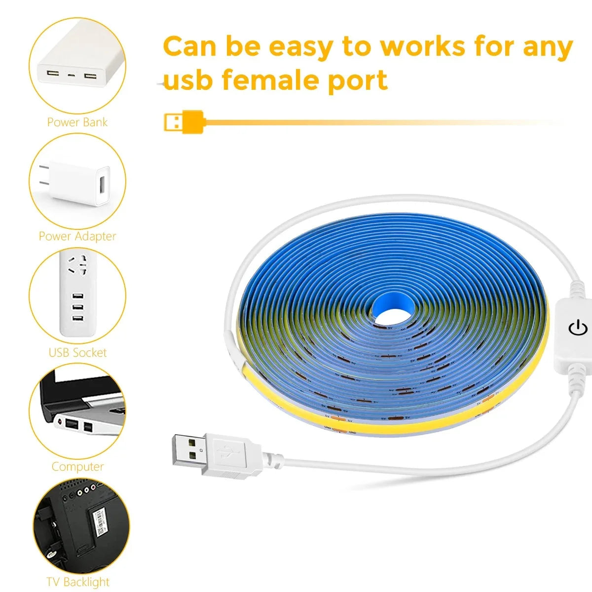 5V COB Strip Lights Switch Control USB Flexible Diode Tape