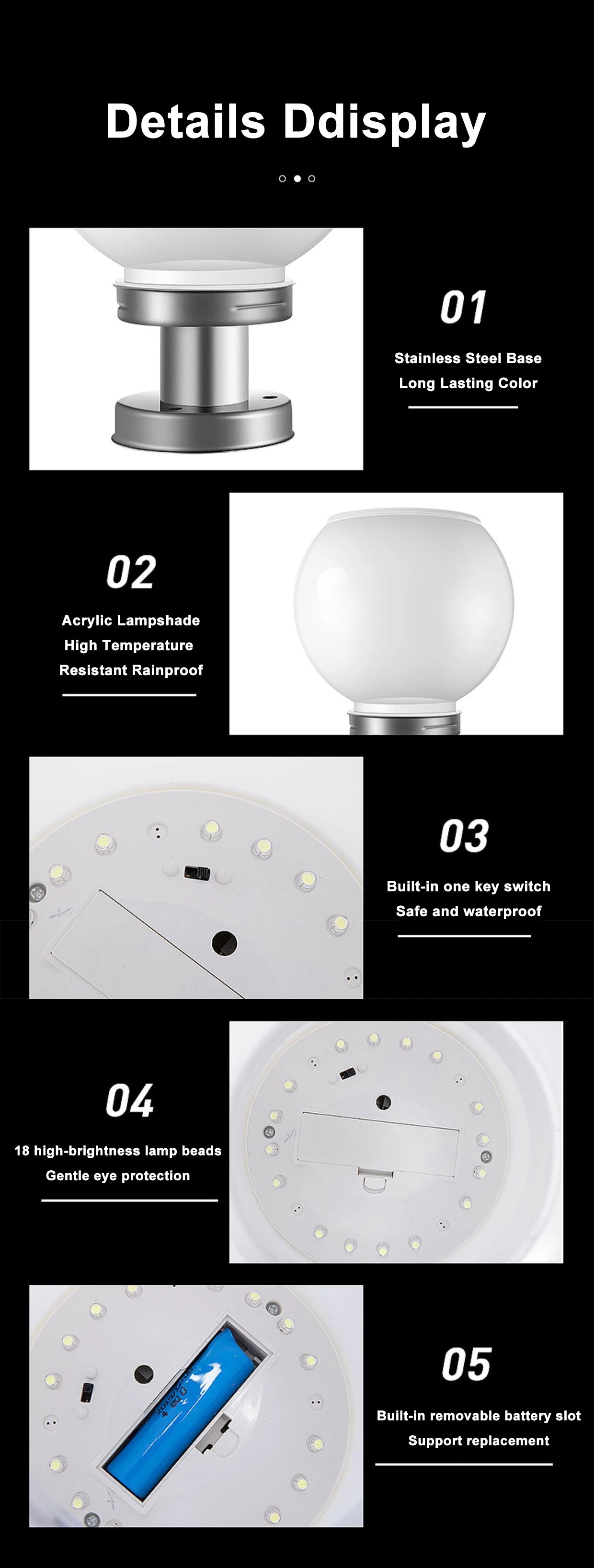 40CM LED Solar Column Head Light Courtyard Corner Light