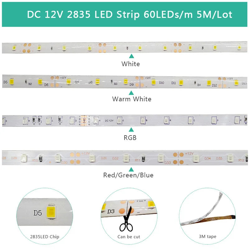 5M 12V LED Strip Light 3528 5050 SMD LED Tape RGB