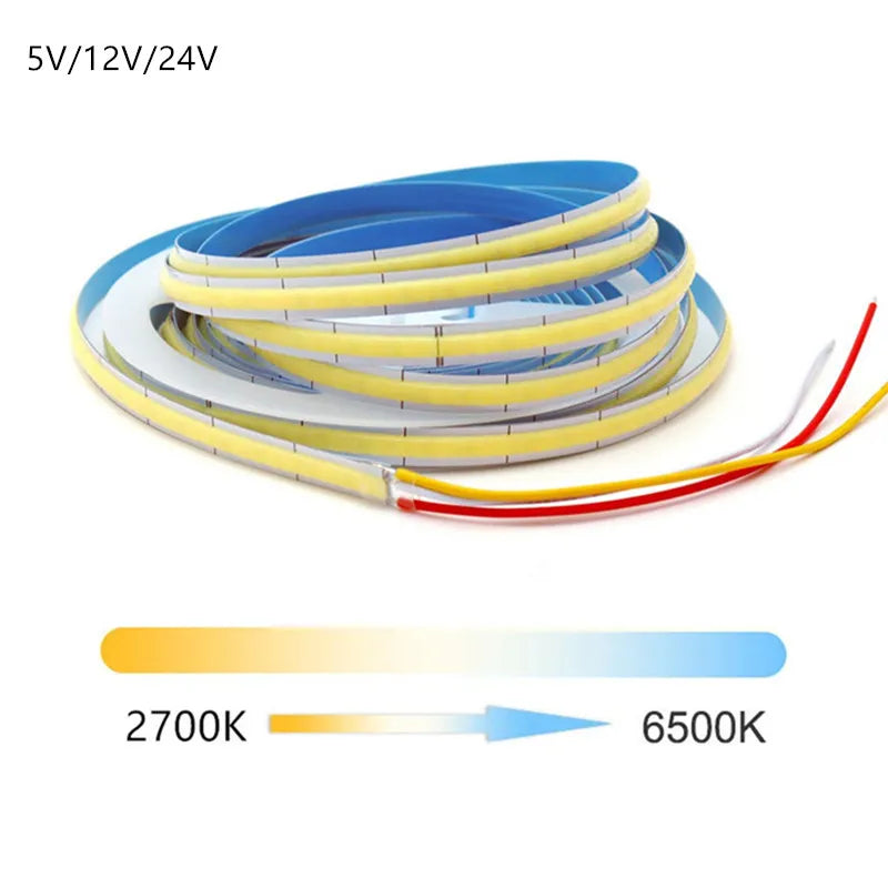 8mm Width CCT COB LED Strip Light 5V 12V 24V 2700K to 6500K Tunable