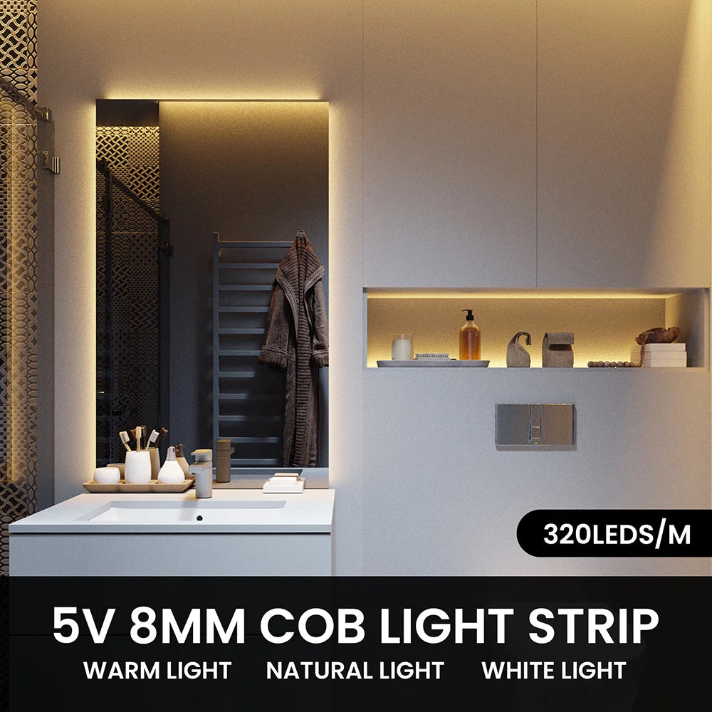 5V USB COB LED Strip Light 320LEDs Ribbon Tape Linear Lighting
