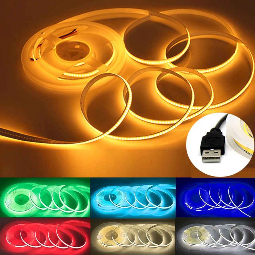 5V USB COB Lamp Strip 320LEDs/M White/Red/Pink/Ice Blue/Yellow Cabinet Light Lamp