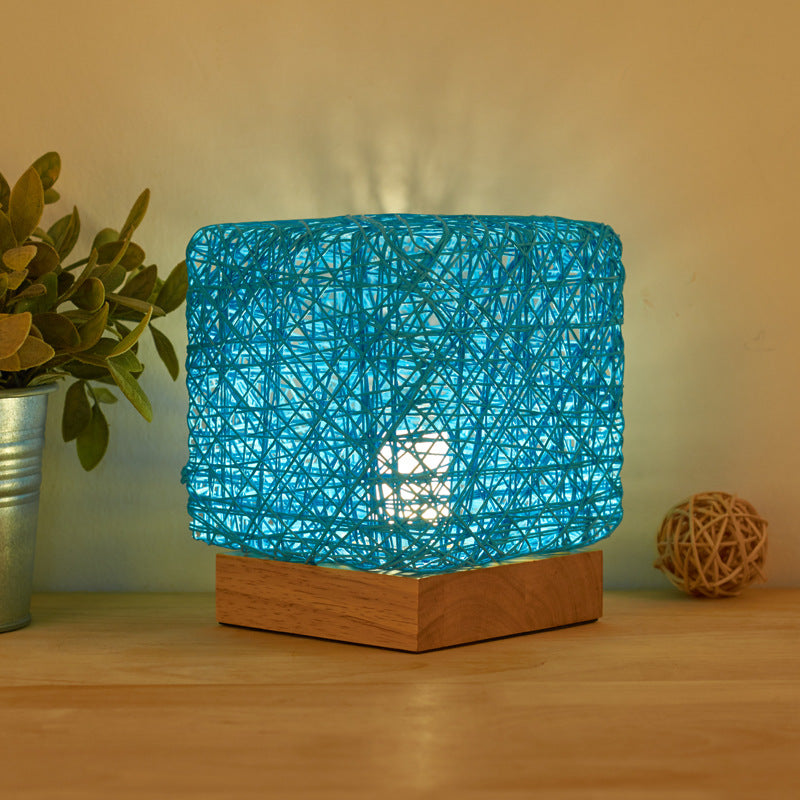 Hand-Knit Dimmable Square LED Desk Lights Wood Rattan Twine