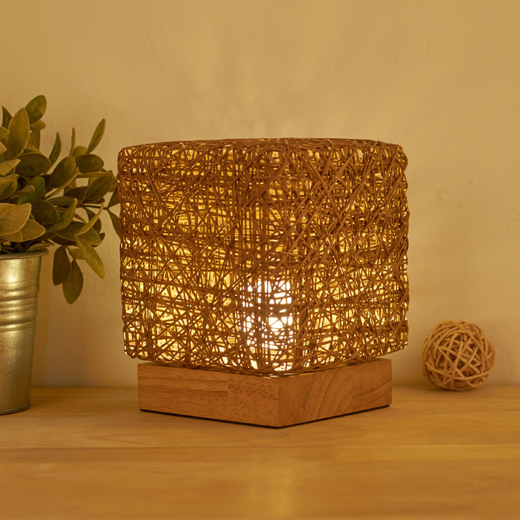 Hand-Knit Dimmable Square LED Desk Lights Wood Rattan Twine