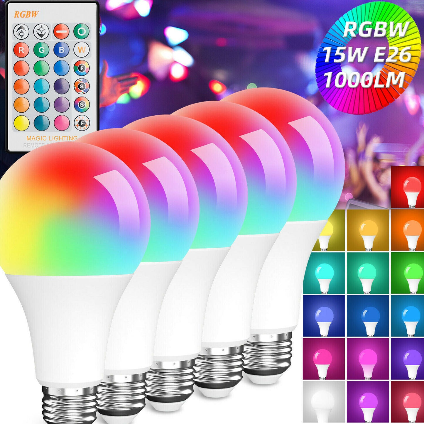 LED Light Bulb 15W RGB Smart Wireless Remote Dimmable Lamp Color