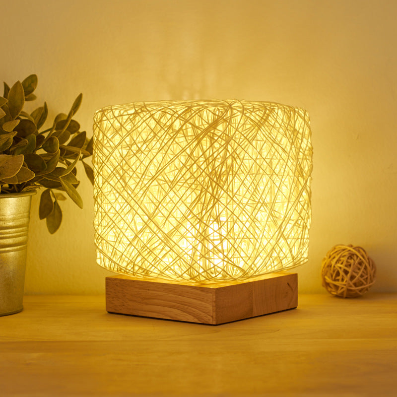 Hand-Knit Dimmable Square LED Desk Lights Wood Rattan Twine