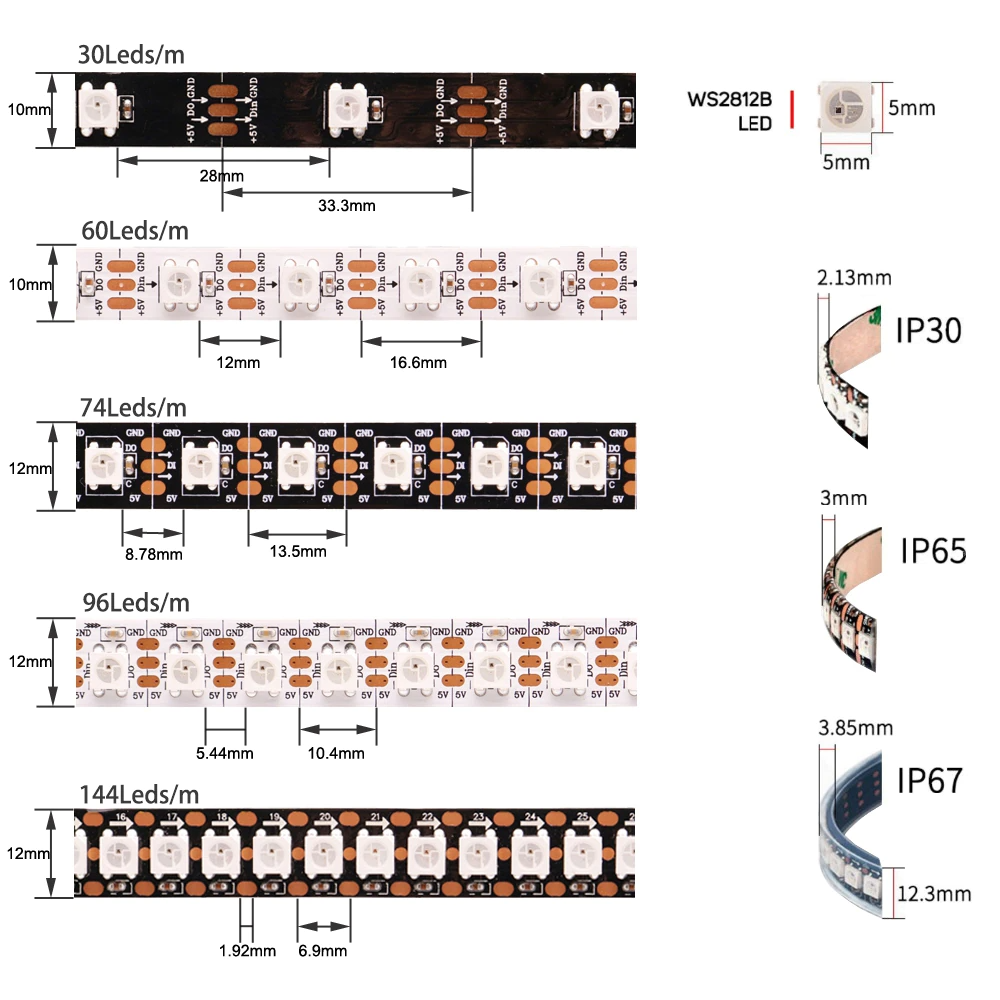 5050 RGB Led Strip Smart Pixels Led Light Black White PCB Waterproof